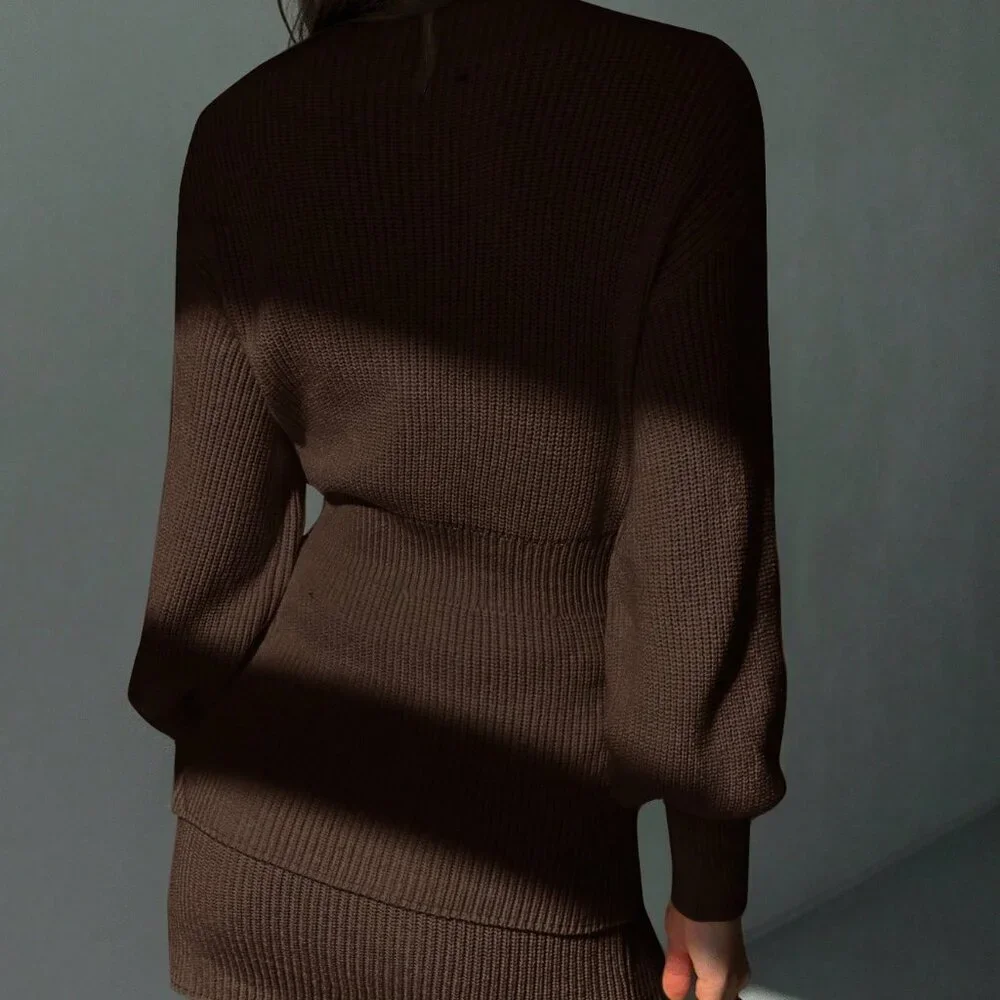Coffee Brown Casual Women's Knit Cardigan and Skirt Set